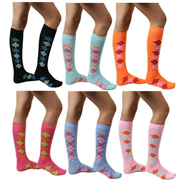 6 Pairs Womens Cotton Fancy Design Multi Color Knee High Socks